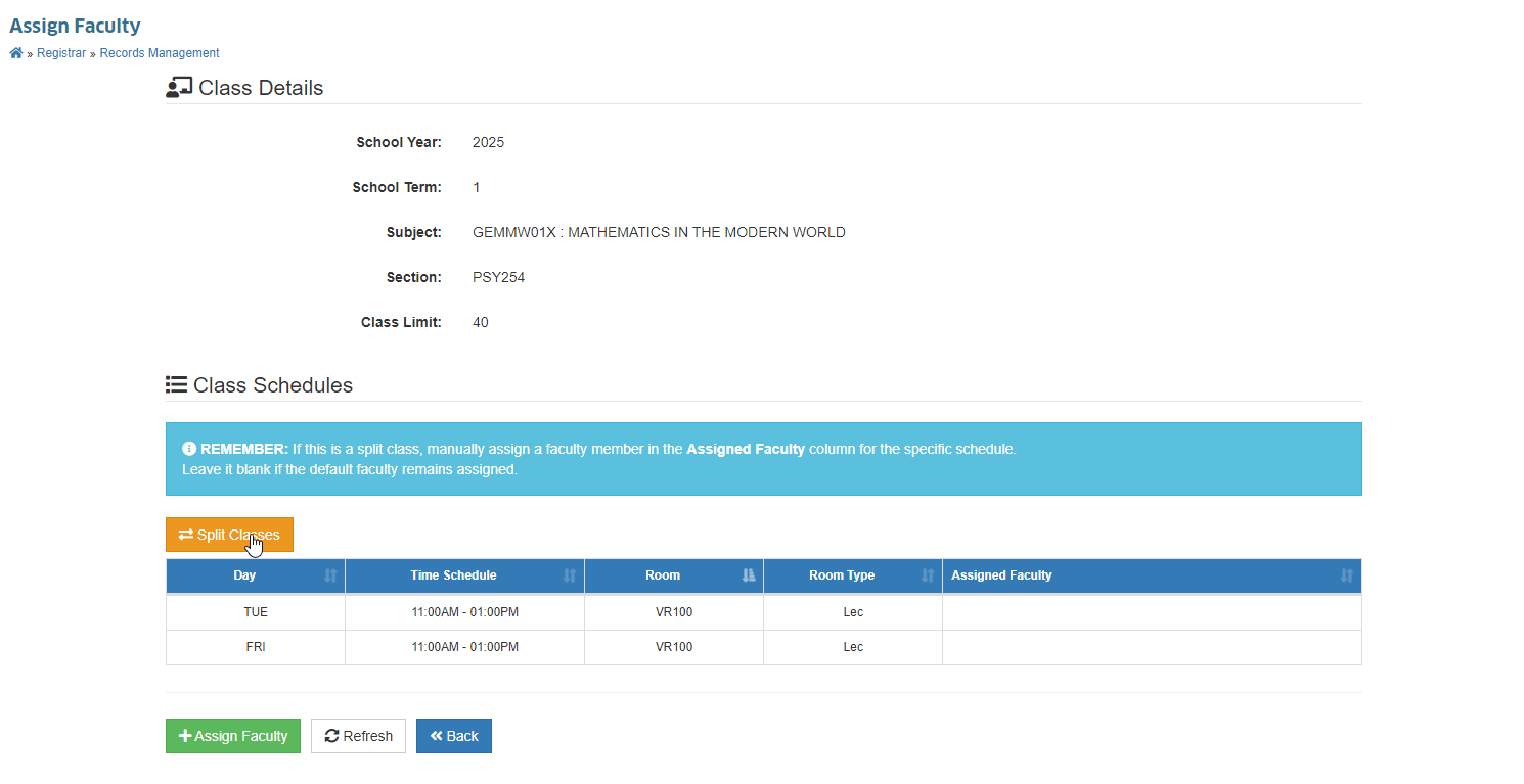 Assign Faculty Page