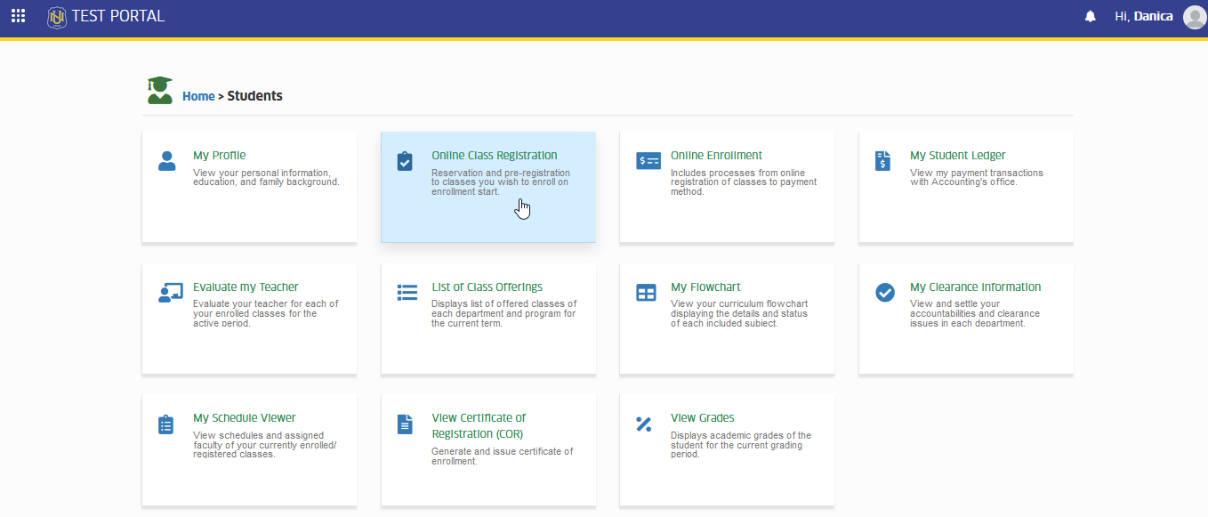 online class registration module tab