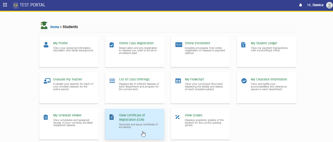 view certificate of registration module tab