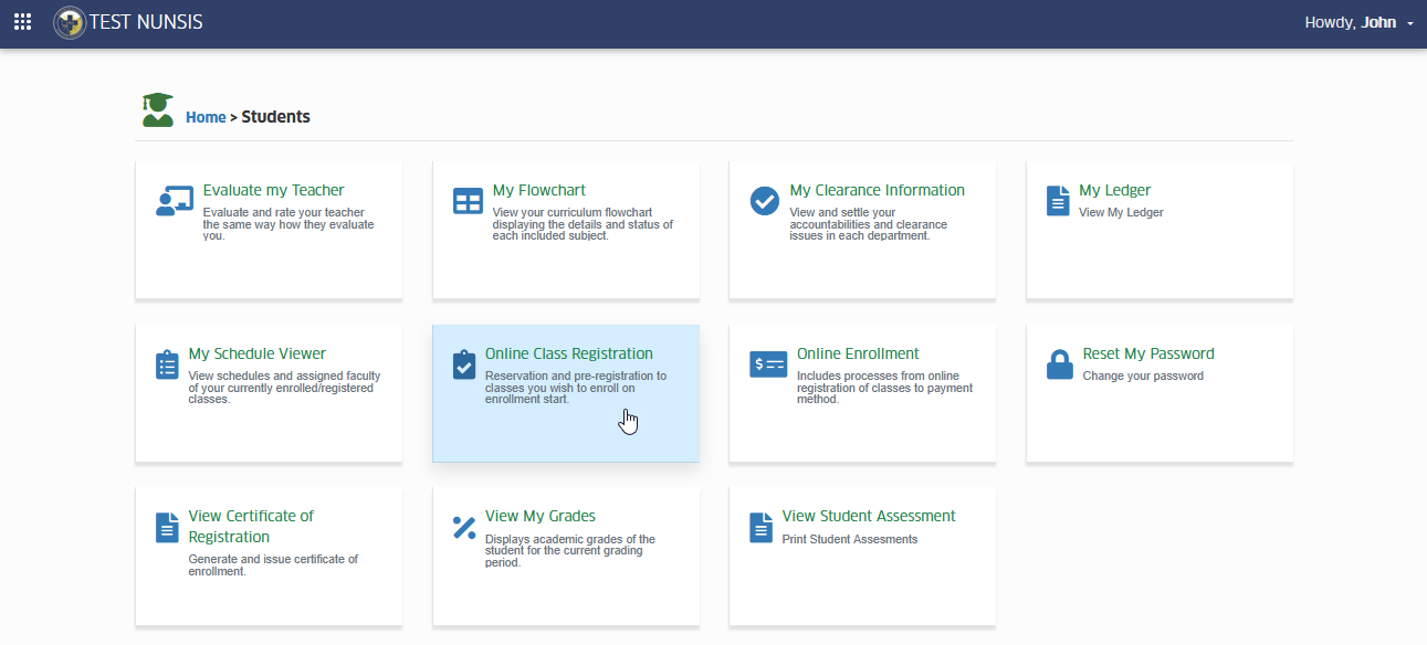 online class registration module tab