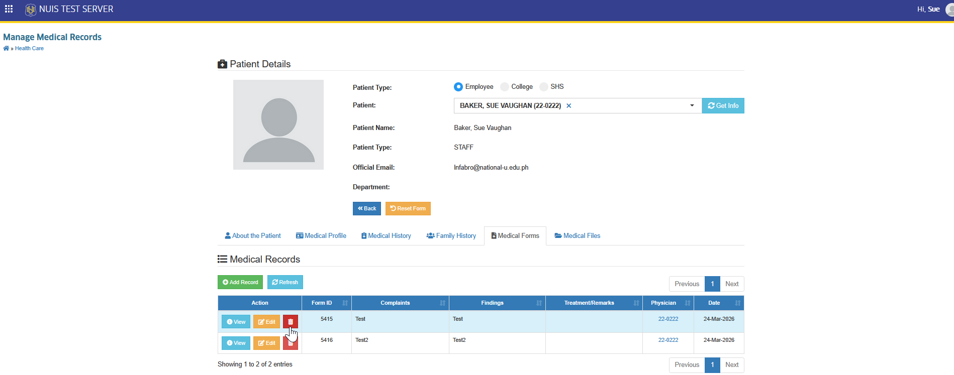 delete medical record button