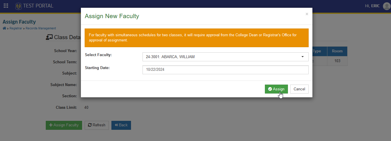 confirm assign faculty button