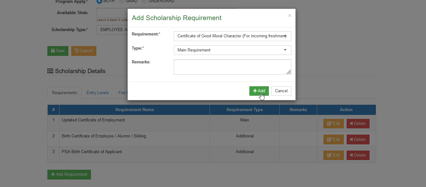 save add scholarship requirement form