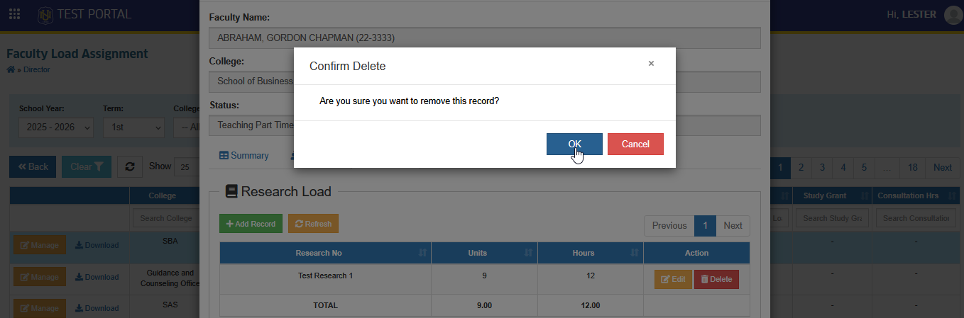 confirm delete research load entry