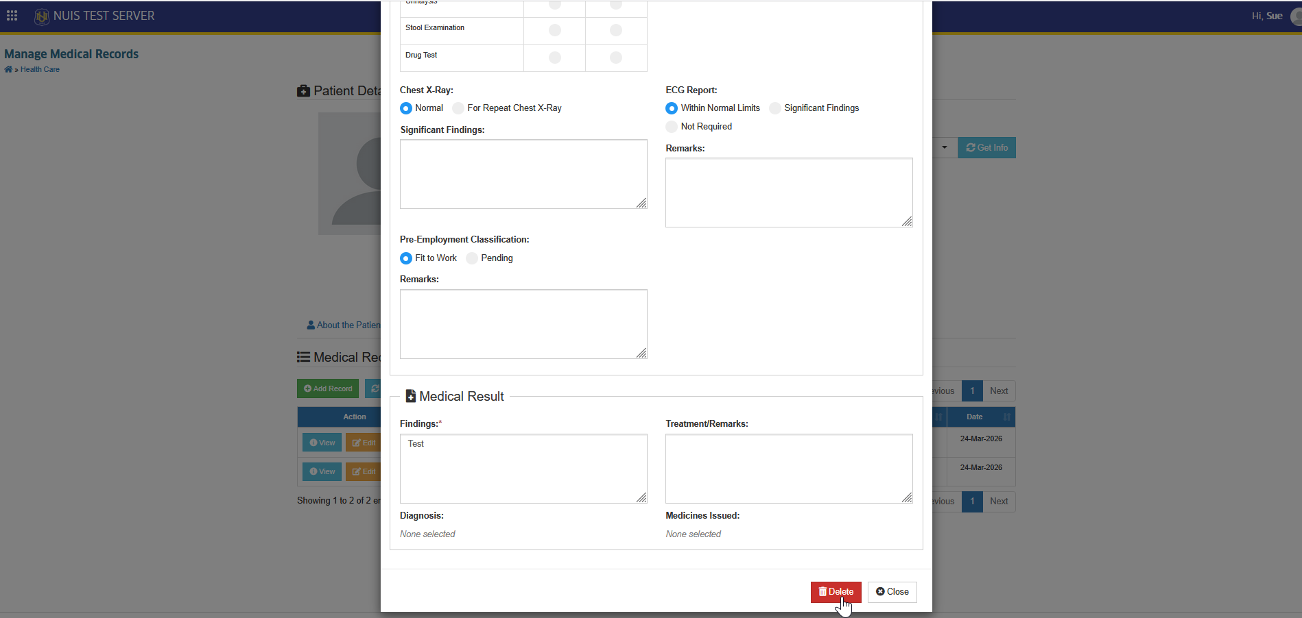 confirm delete medical record button