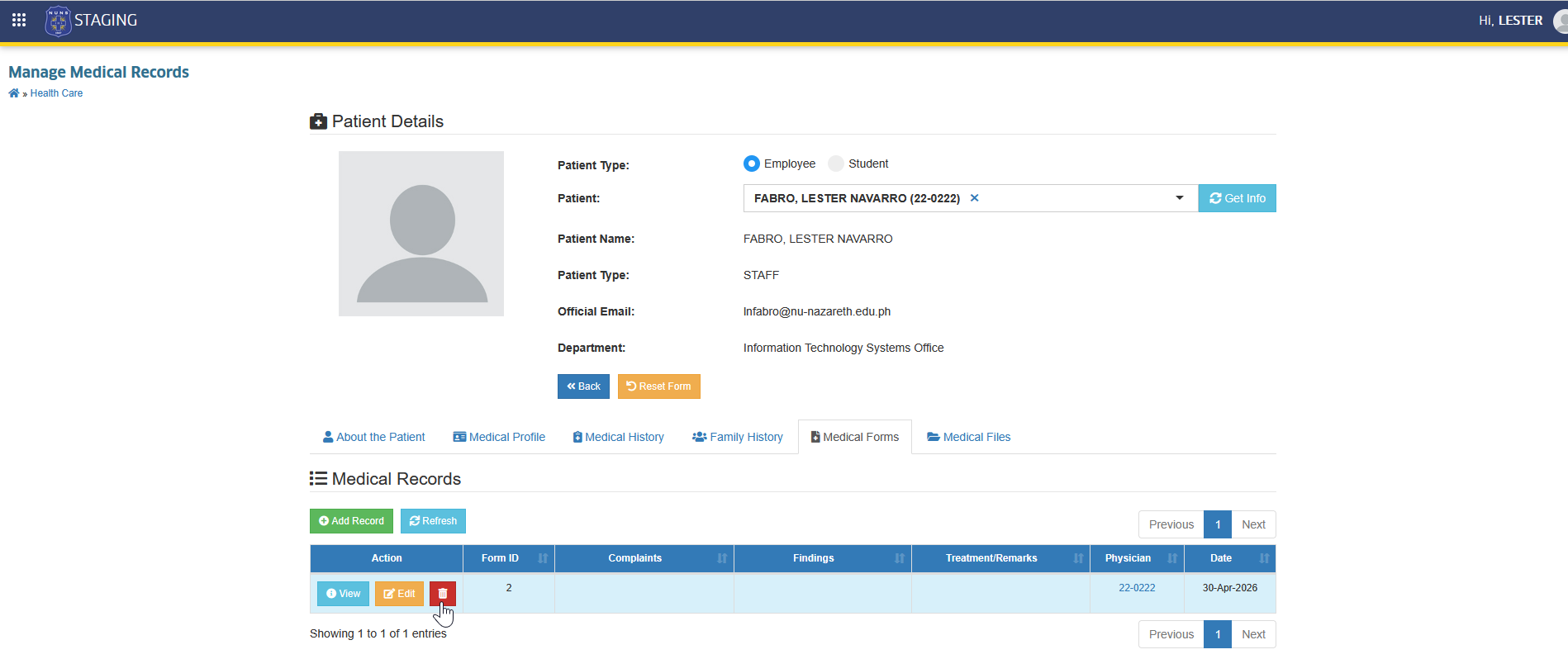 delete medical record button