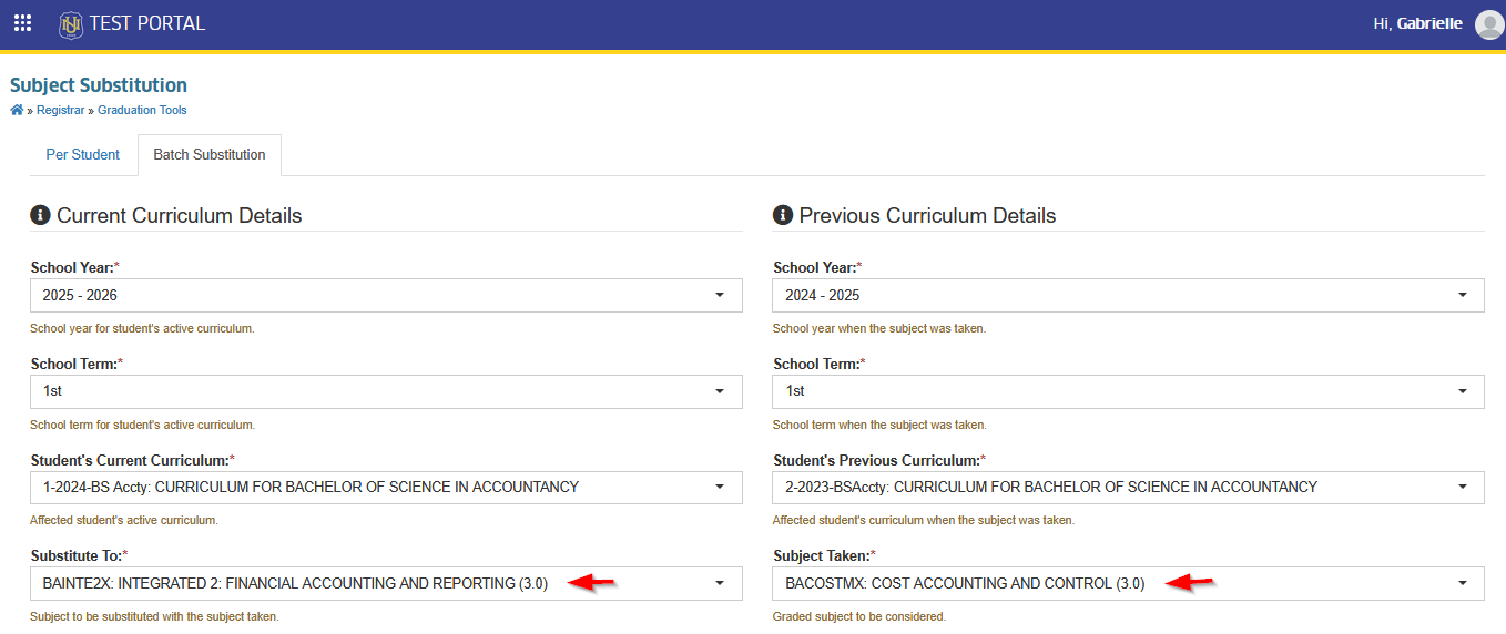 selected subjects for substitution