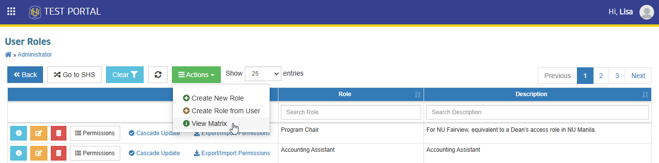 view user roles matrix