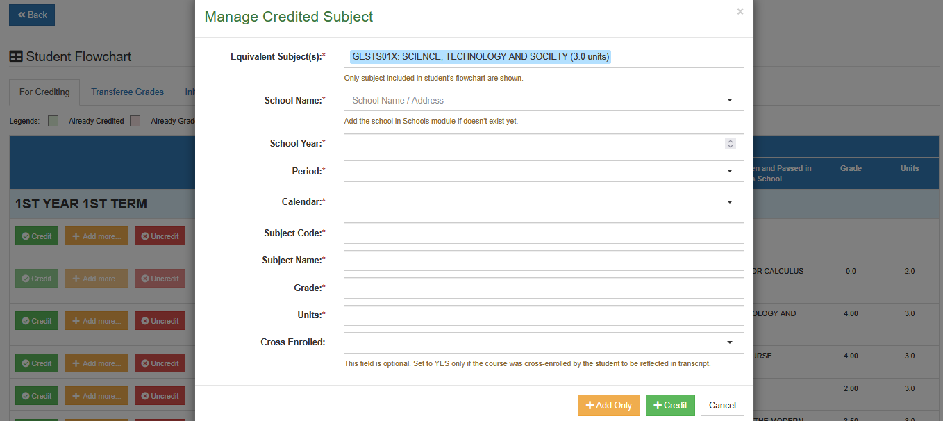add only or credit button