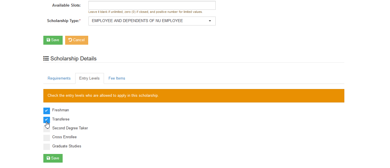 entry levels checkbox