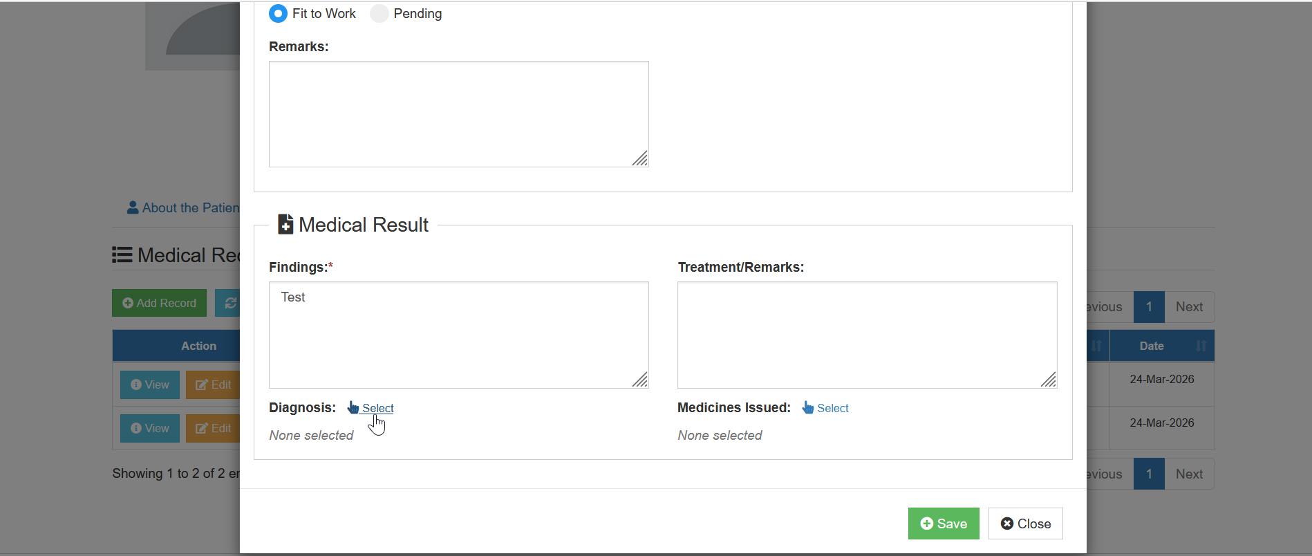 select diagnosis button
