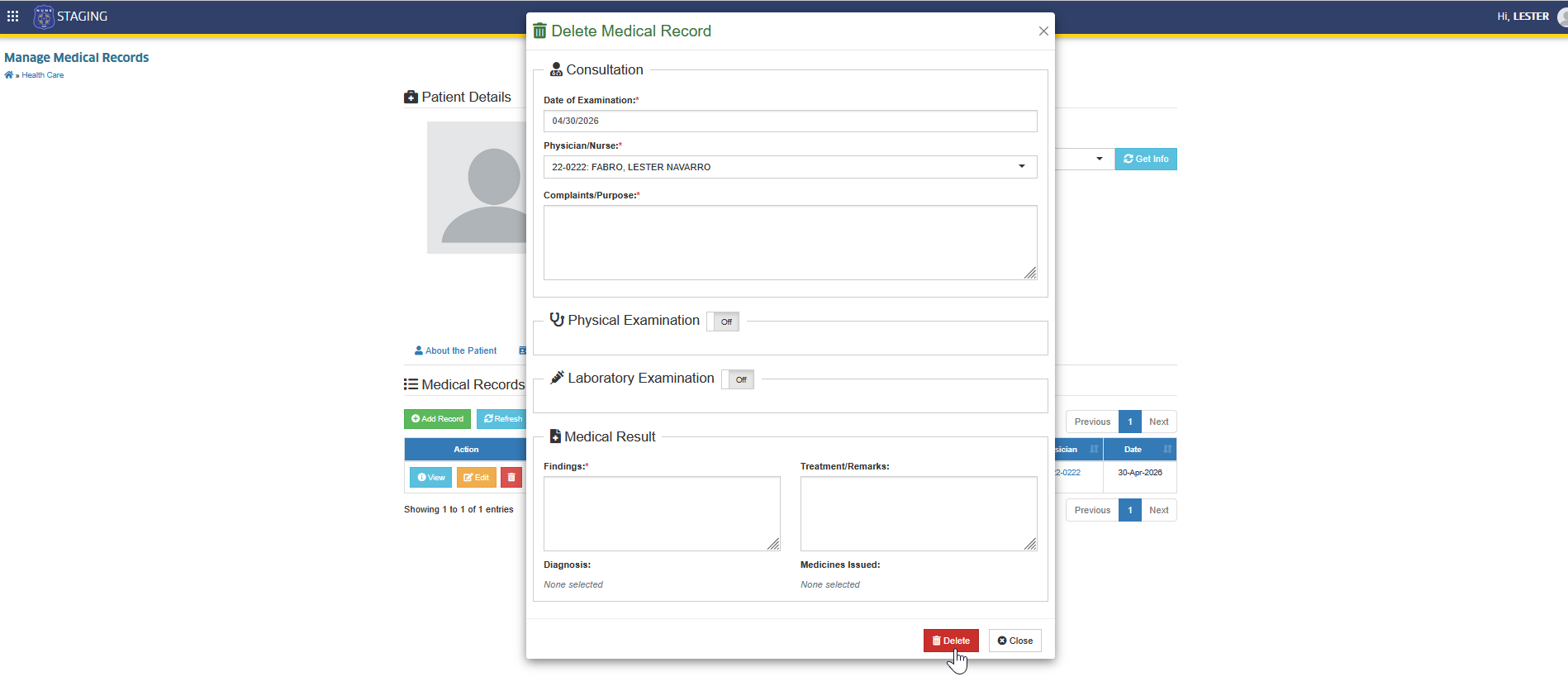 confirm delete medical record button