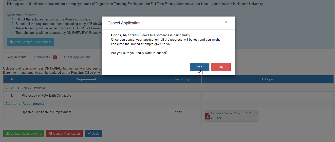 confirm cancel application
