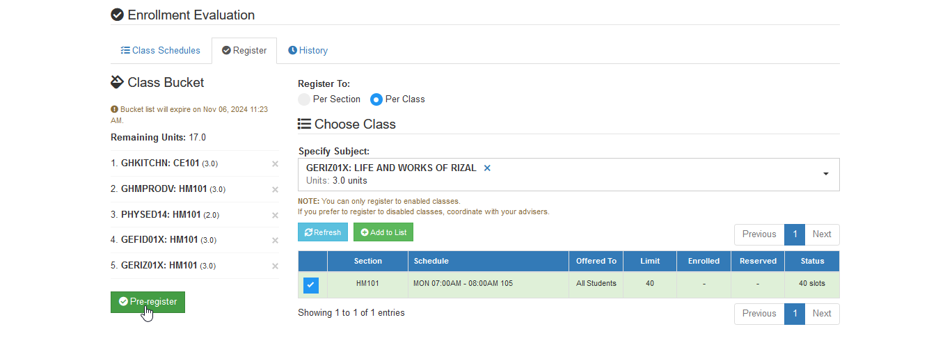 pre-register list per class