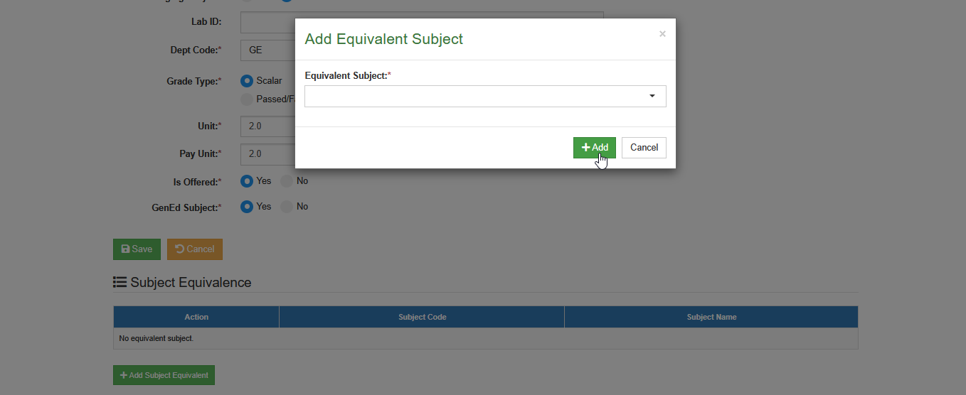 confirm add subject equivalent button