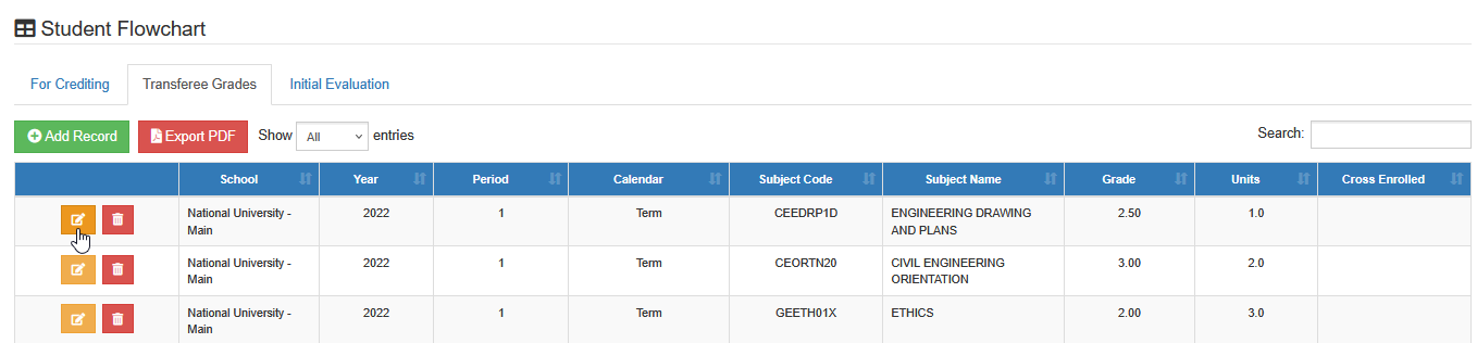 edit transferee grades button