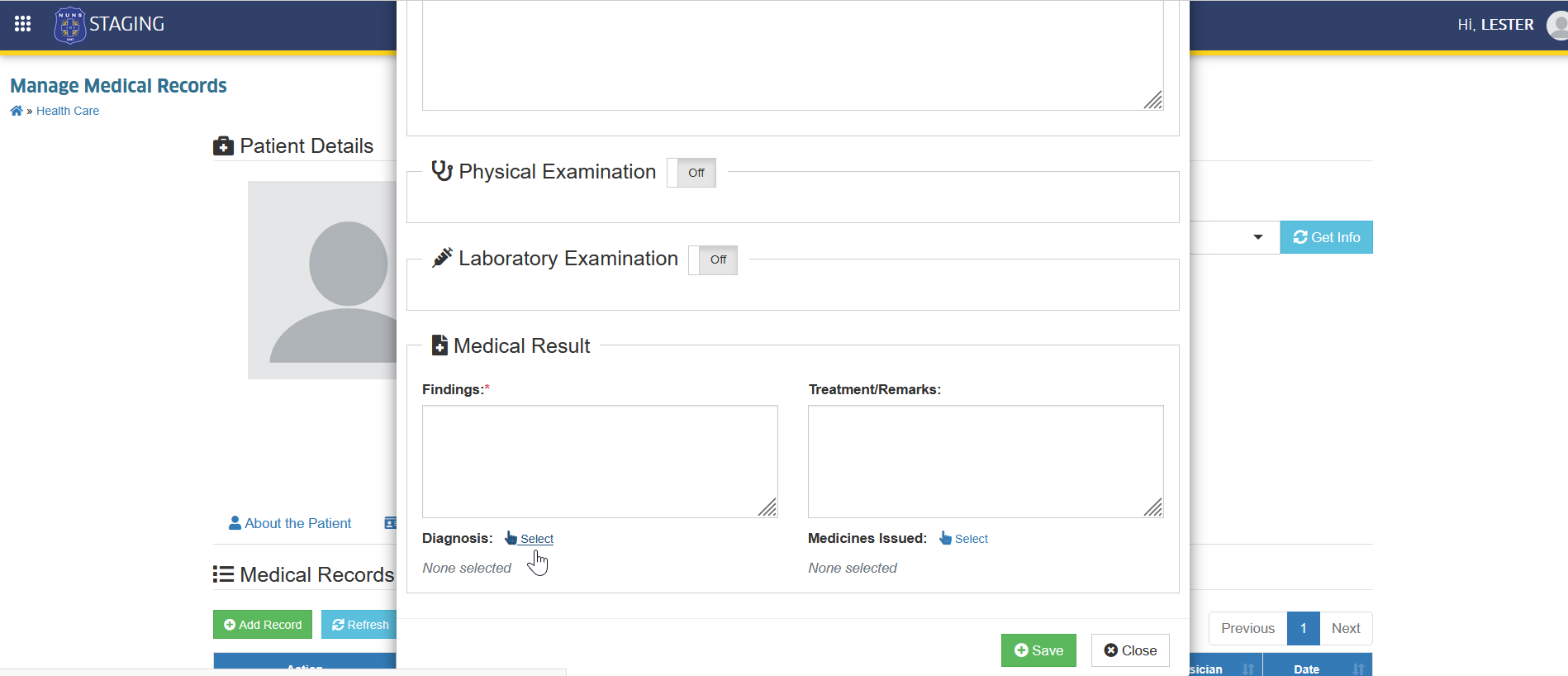 select diagnosis button