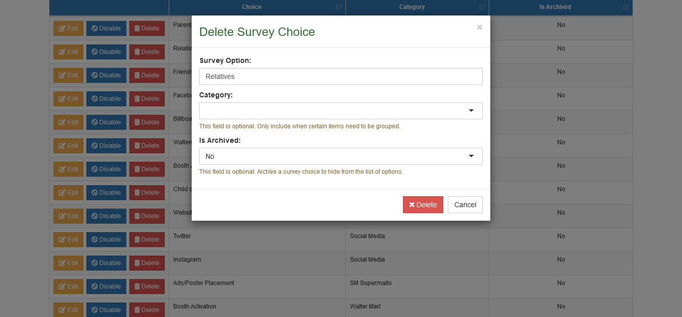 delete survey choices form