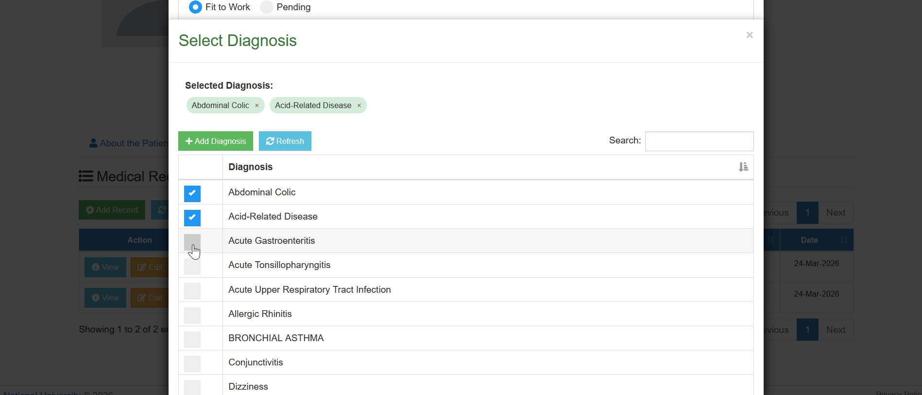 add selected diagnosis button