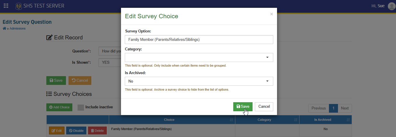 save edited survey choice button
