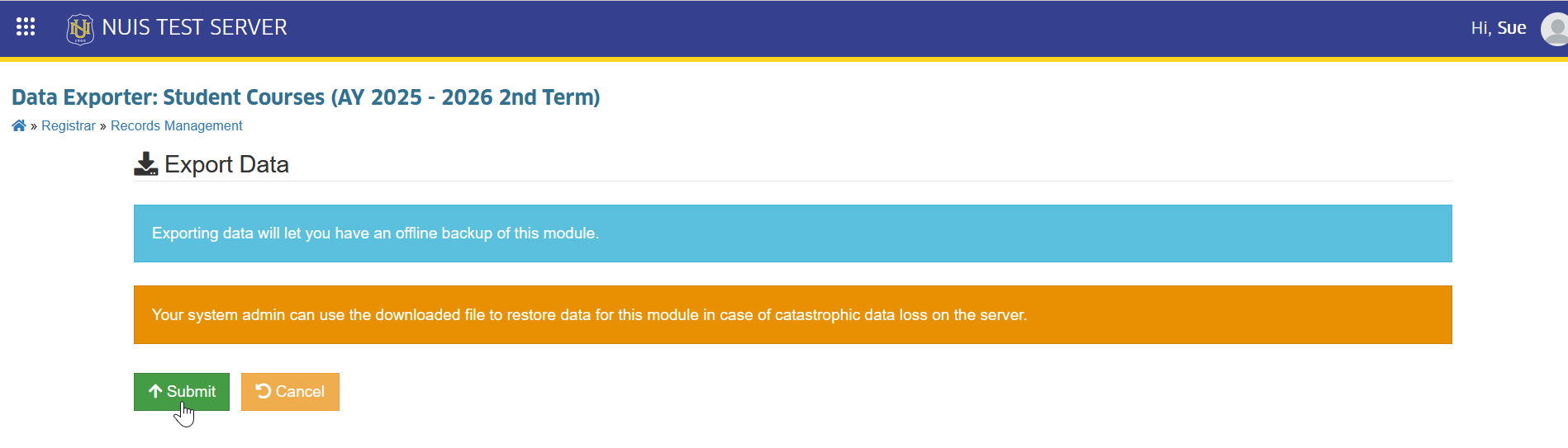 submit export student course button