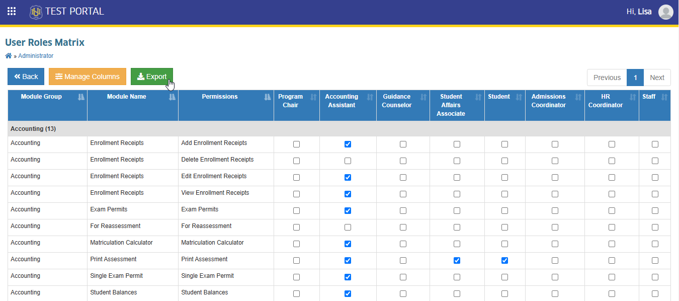 export user role matrix