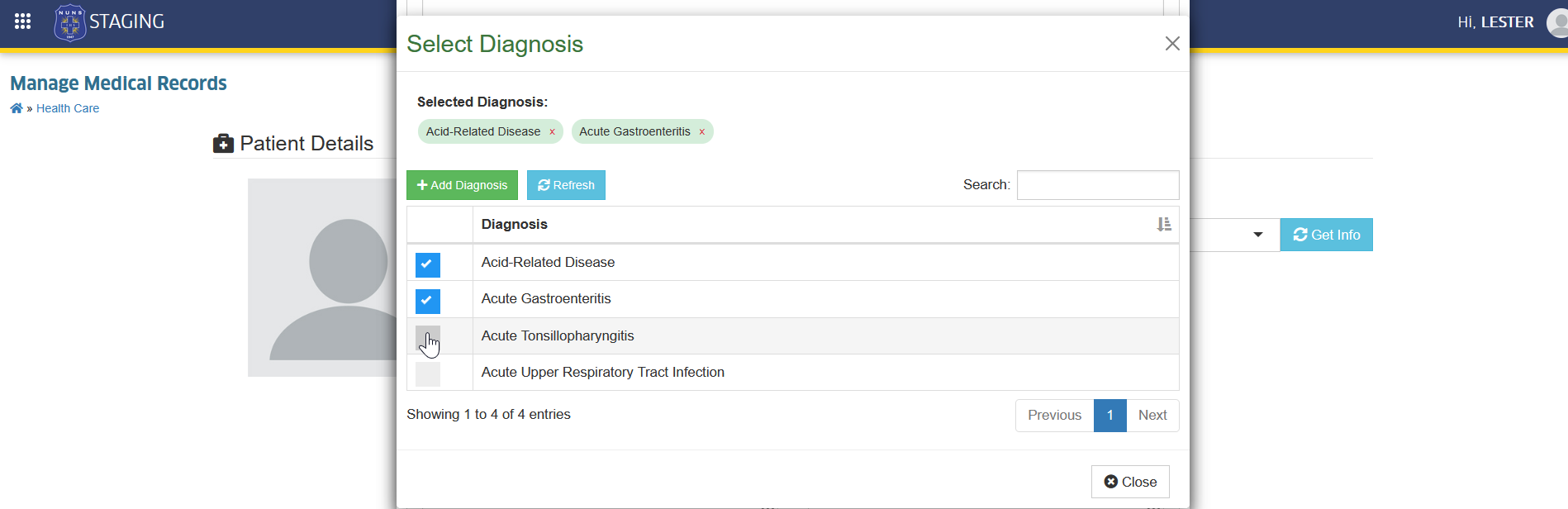 add selected diagnosis button