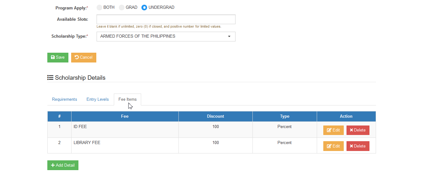 fee items tab