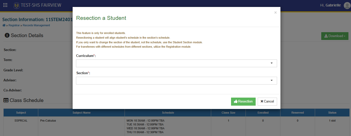 select curriculum and section