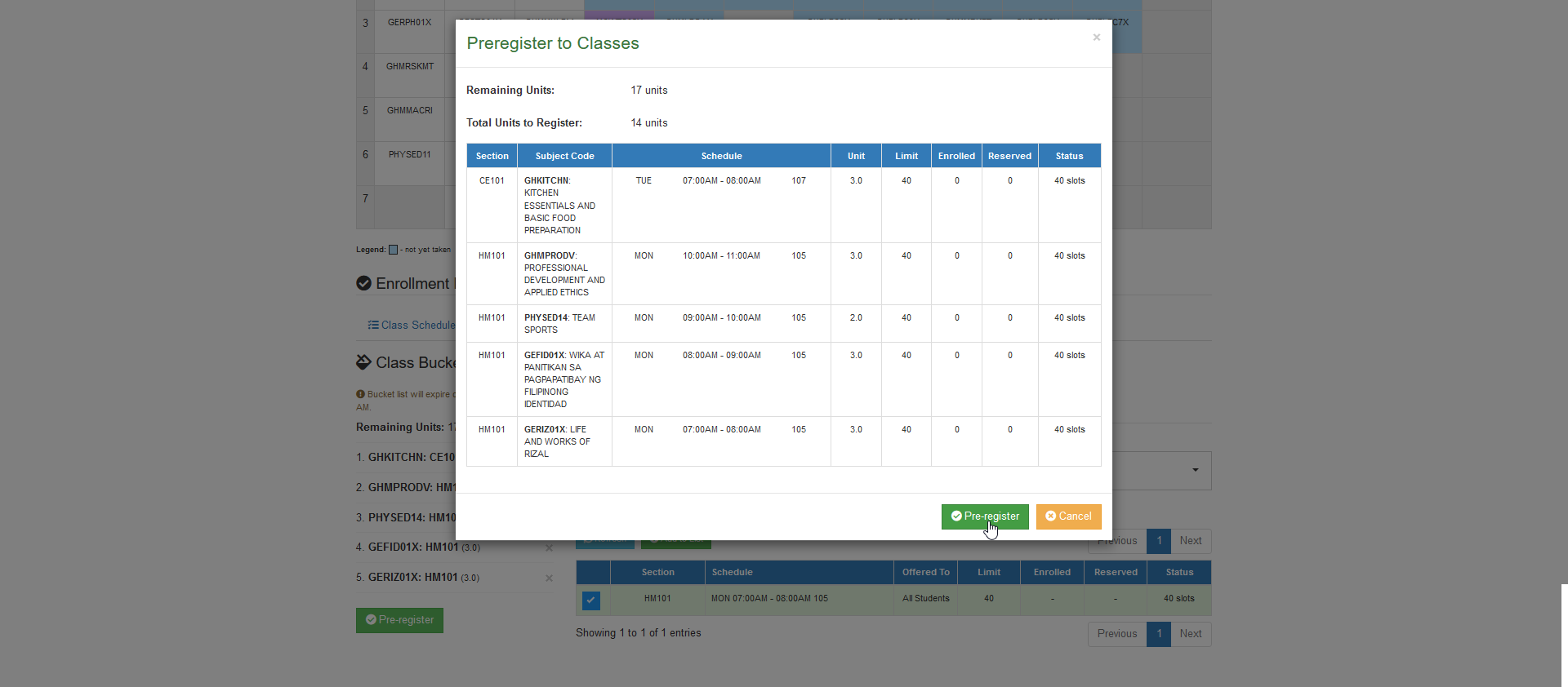 confirm pre-register list per class