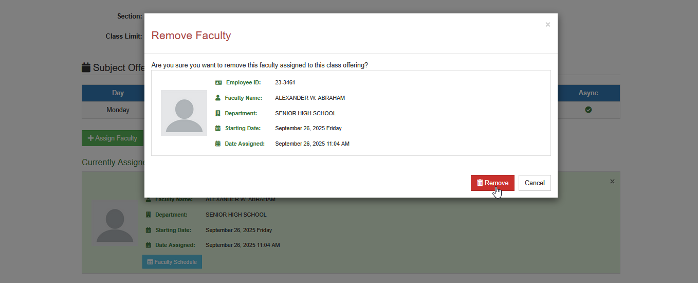 confirm removal assigned faculty