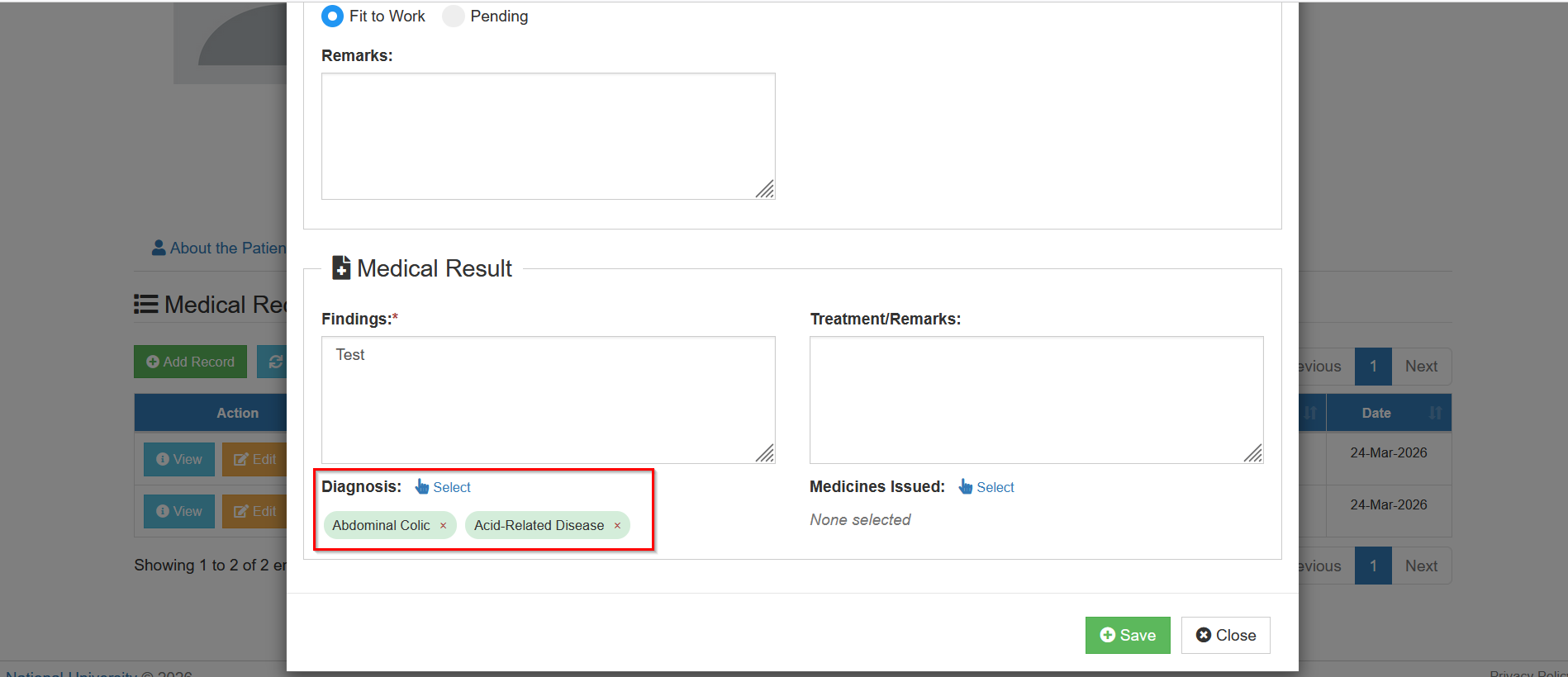 add selected diagnosis button