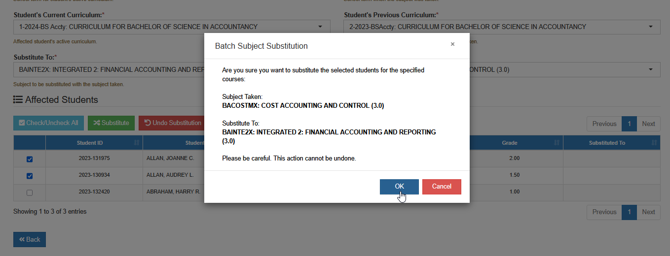 confirm batch substitute button