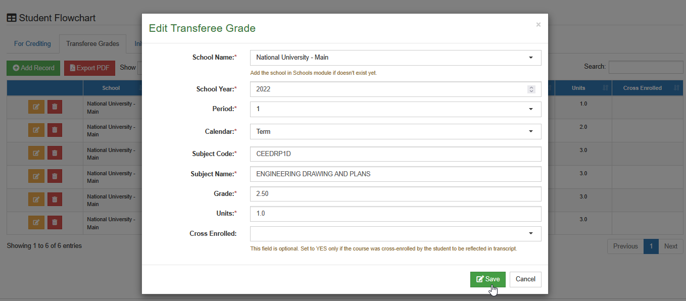 save edited transferee grades button