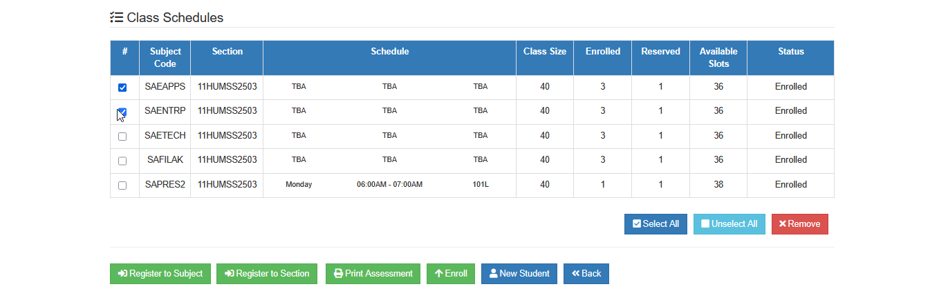 select subjects to remove