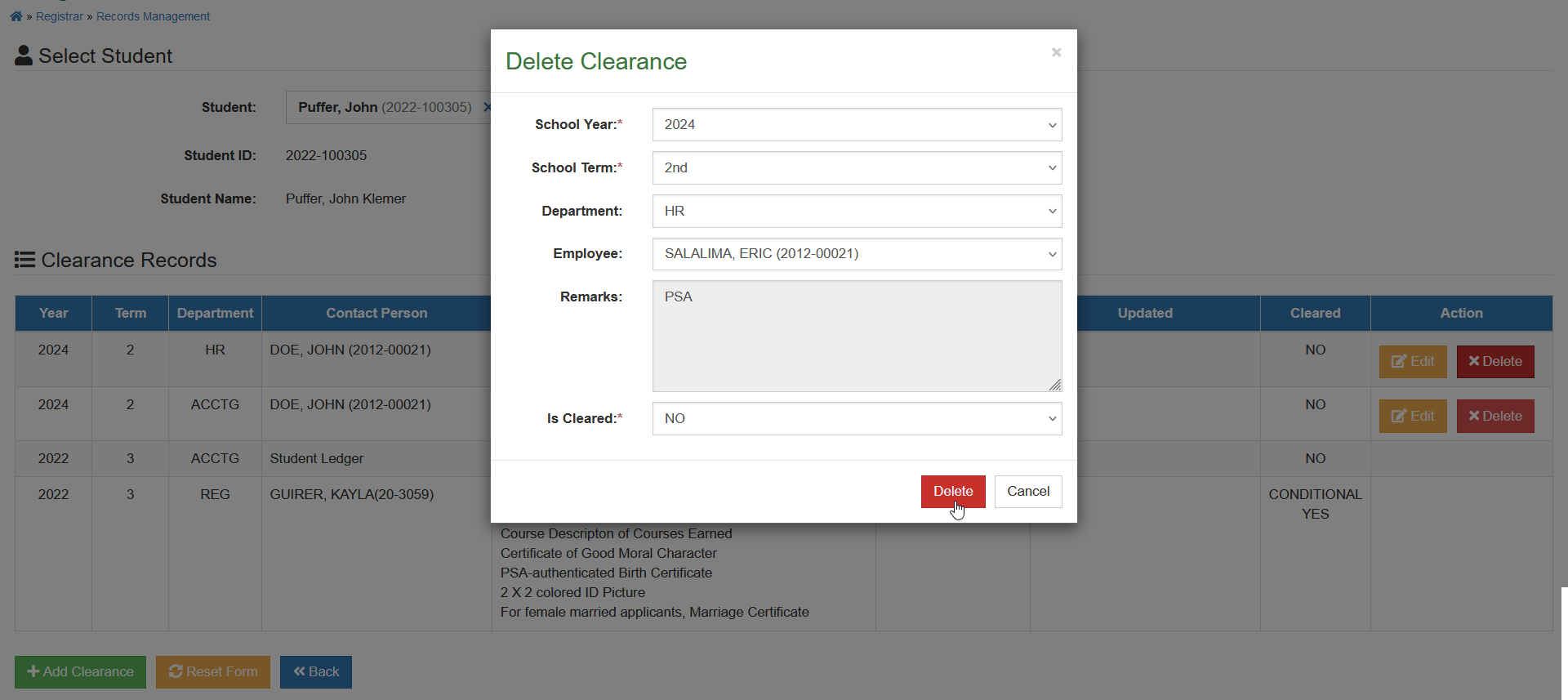 confirm delete clearance button