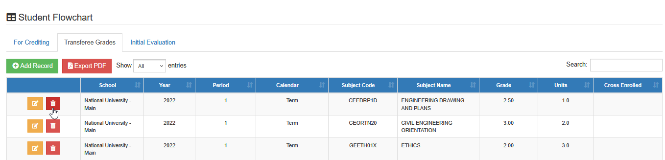 delete transferee grades button