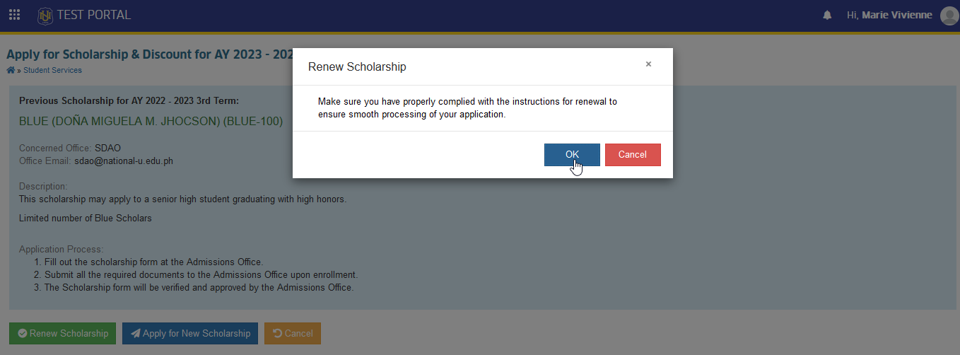 confirm renew scholarship