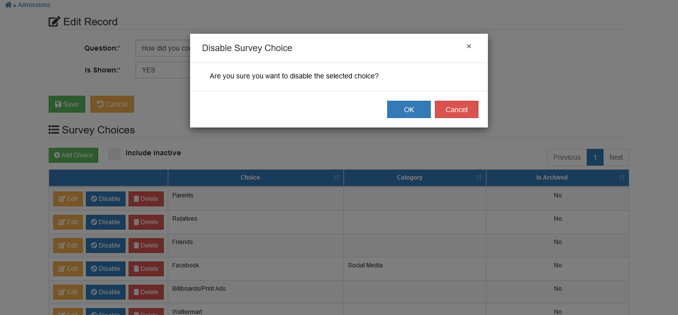 confirm disable survey choices