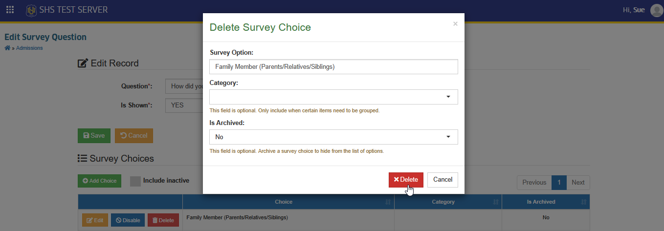 confirm delete survey choice button
