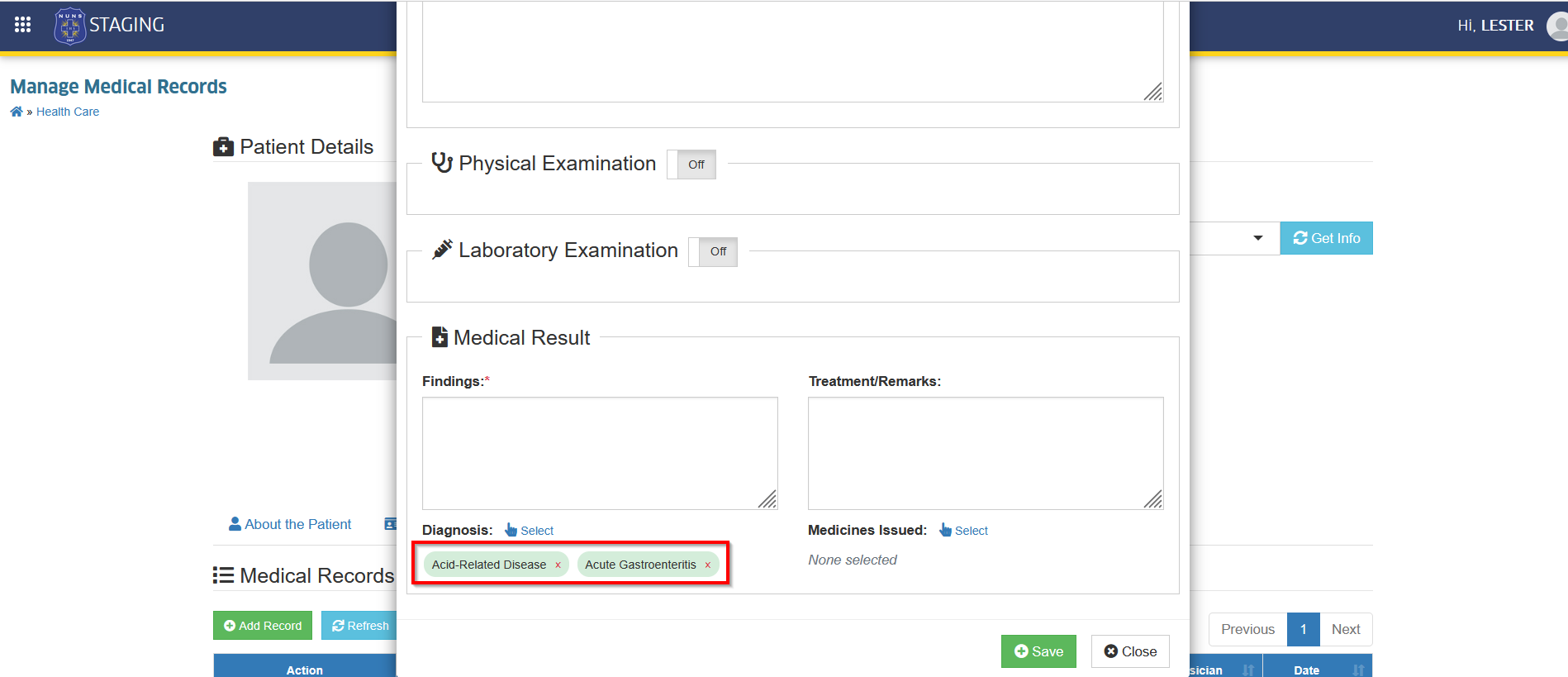 add selected diagnosis button