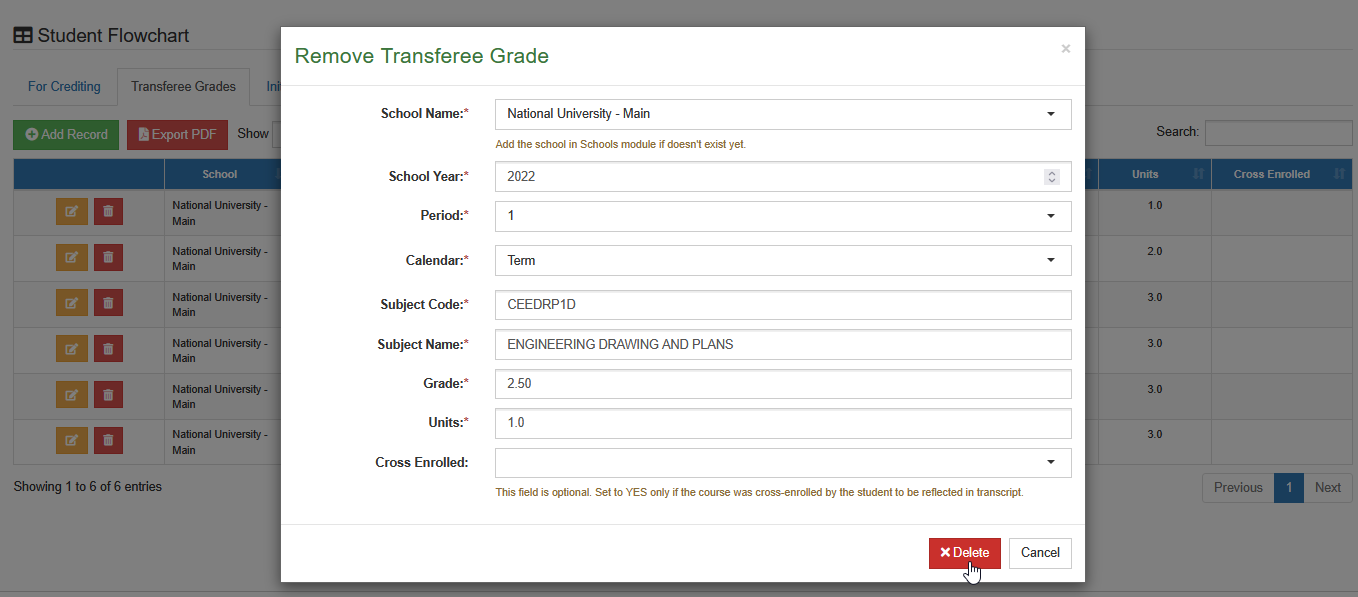 confirm delete transferee grades button