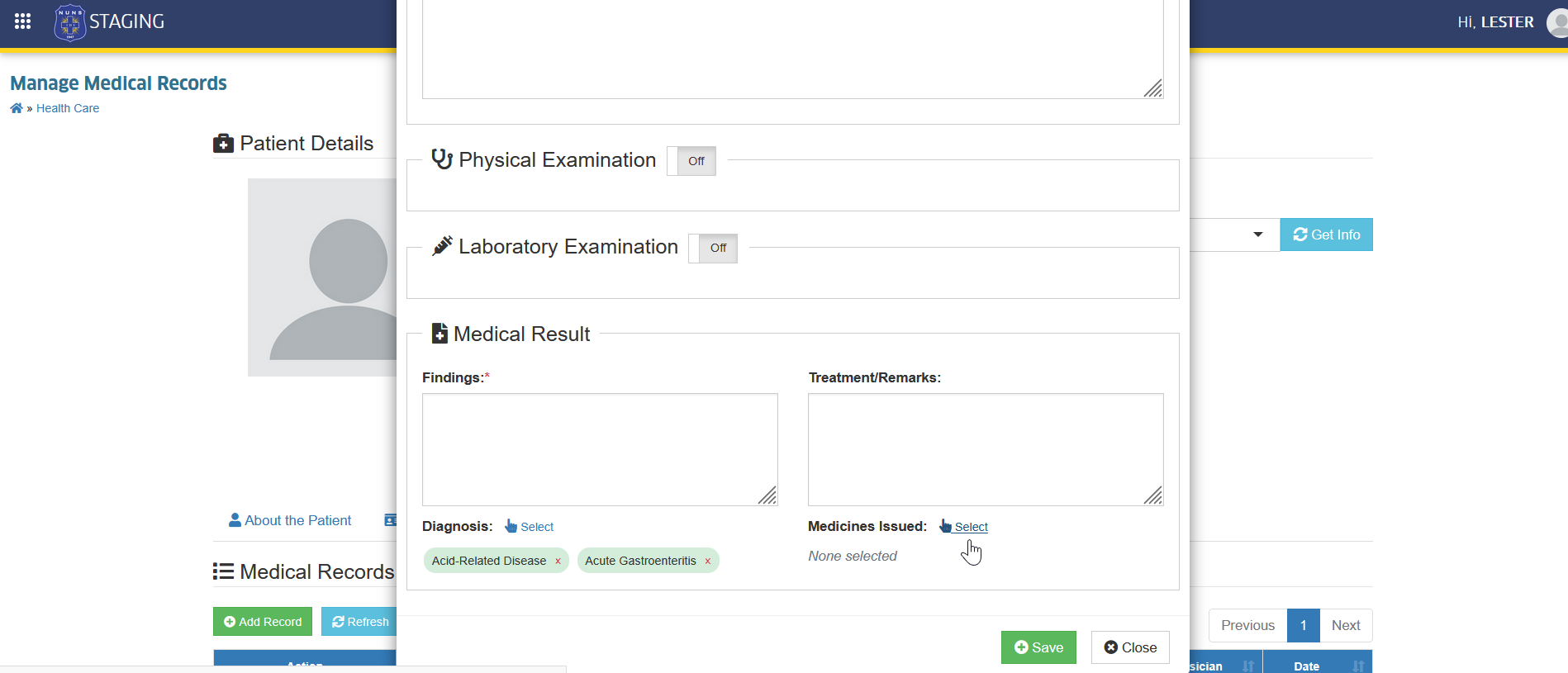 select medicine button