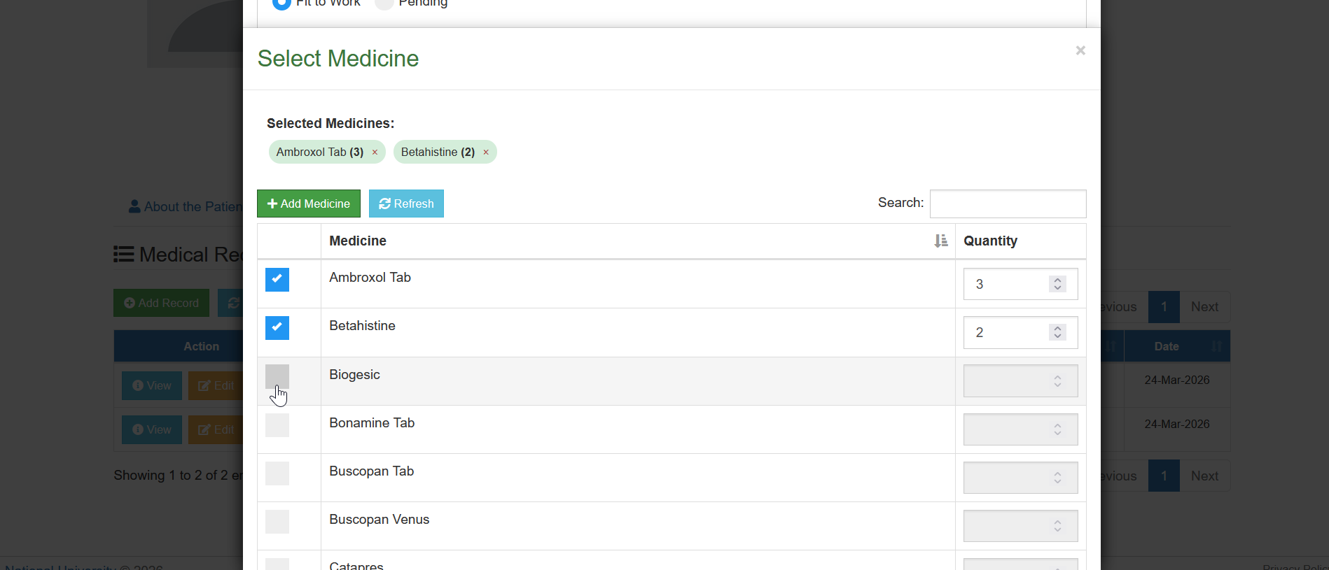 add select medicine button