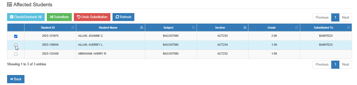 select students to undo
