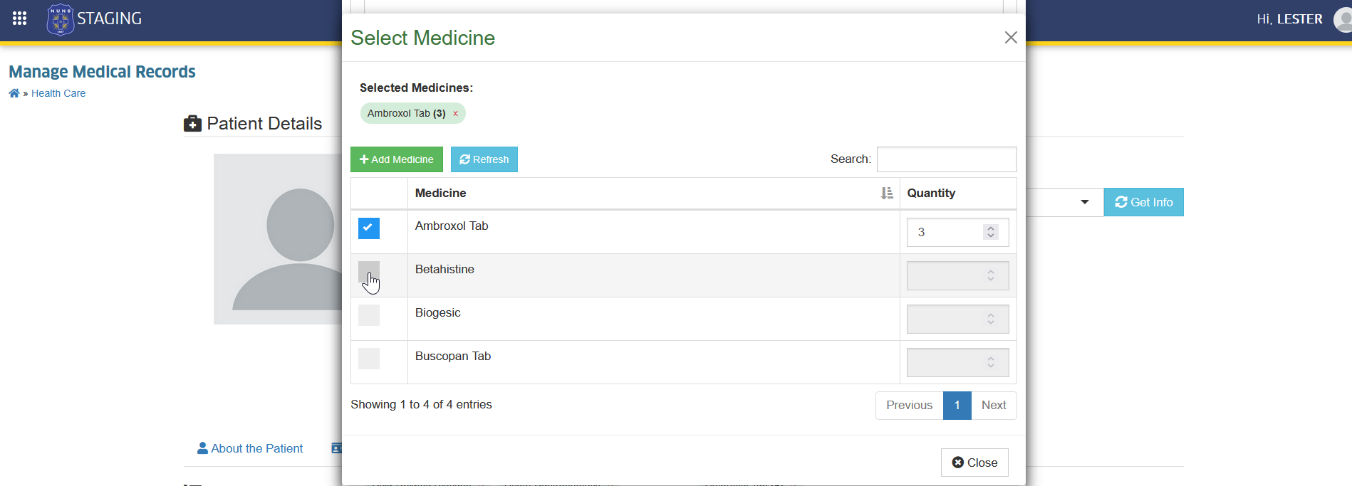 add select medicine button