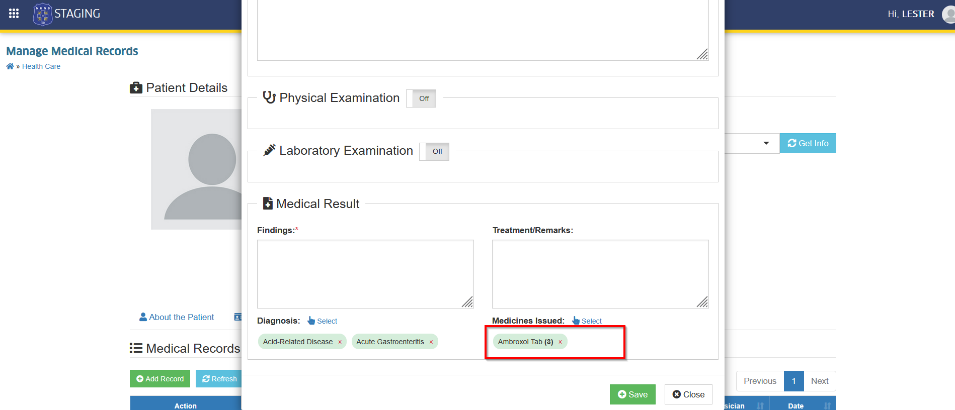add select medicine button