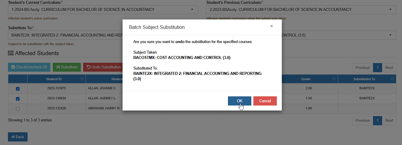 confirm undo substitution button