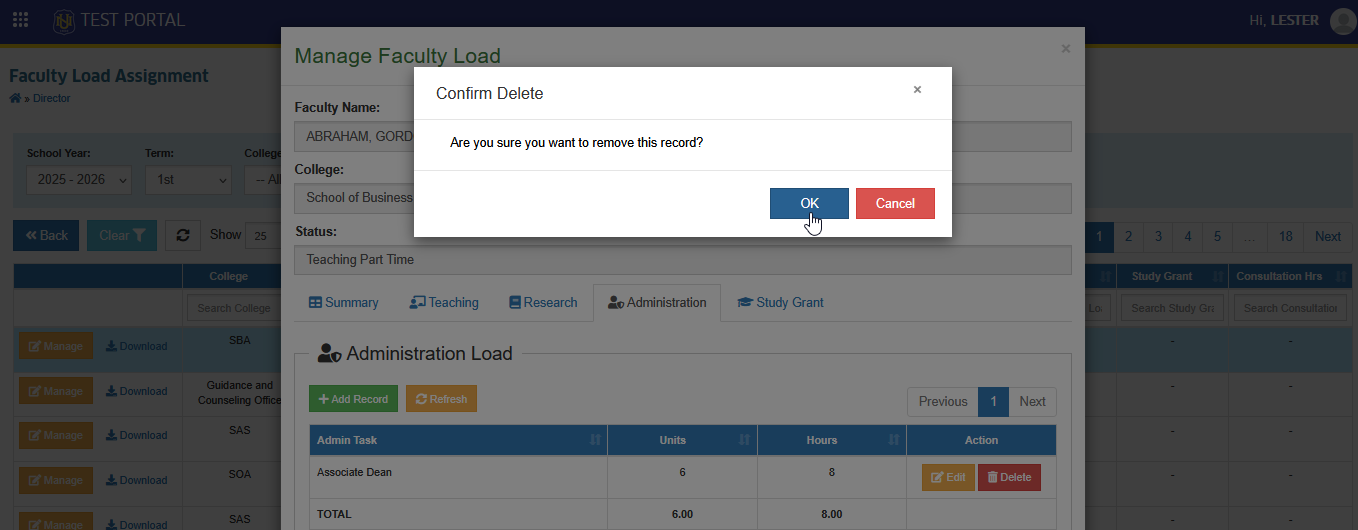 confirm delete administration load entry