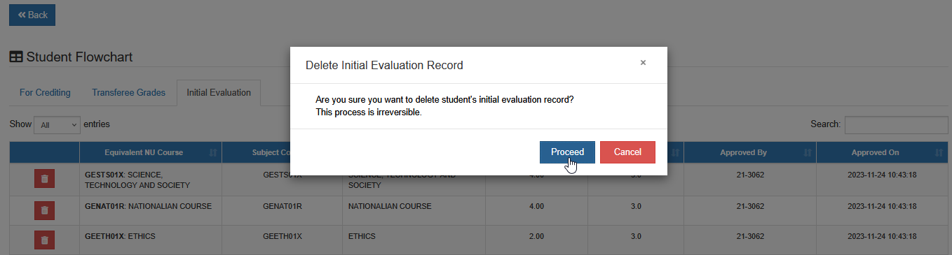 confirm delete initial evaluation button